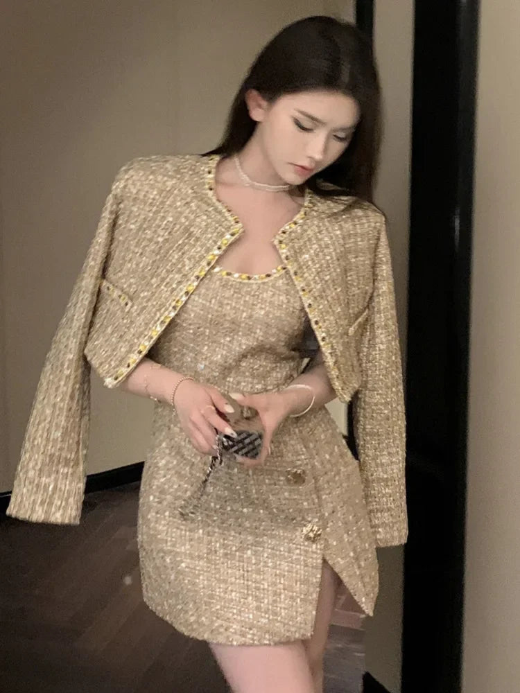 High Street French Small Fragrant Tweed Two Piece Set Women Woolen Jacket Coat + Dress Suits Autumn Winter Luxury 2 Piece Outfit - GONZALES ONLINE SHOP
