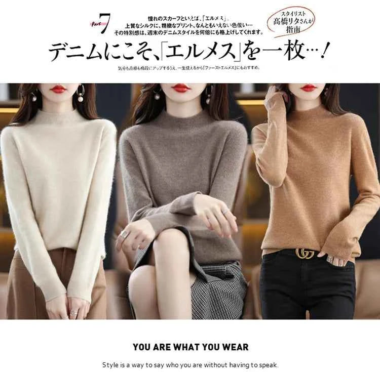 Half High Solid Color Cashmere Sweater For Women Loose Pullover Autumn and Winter Contracted Commuter Basic Knitwear Top Base