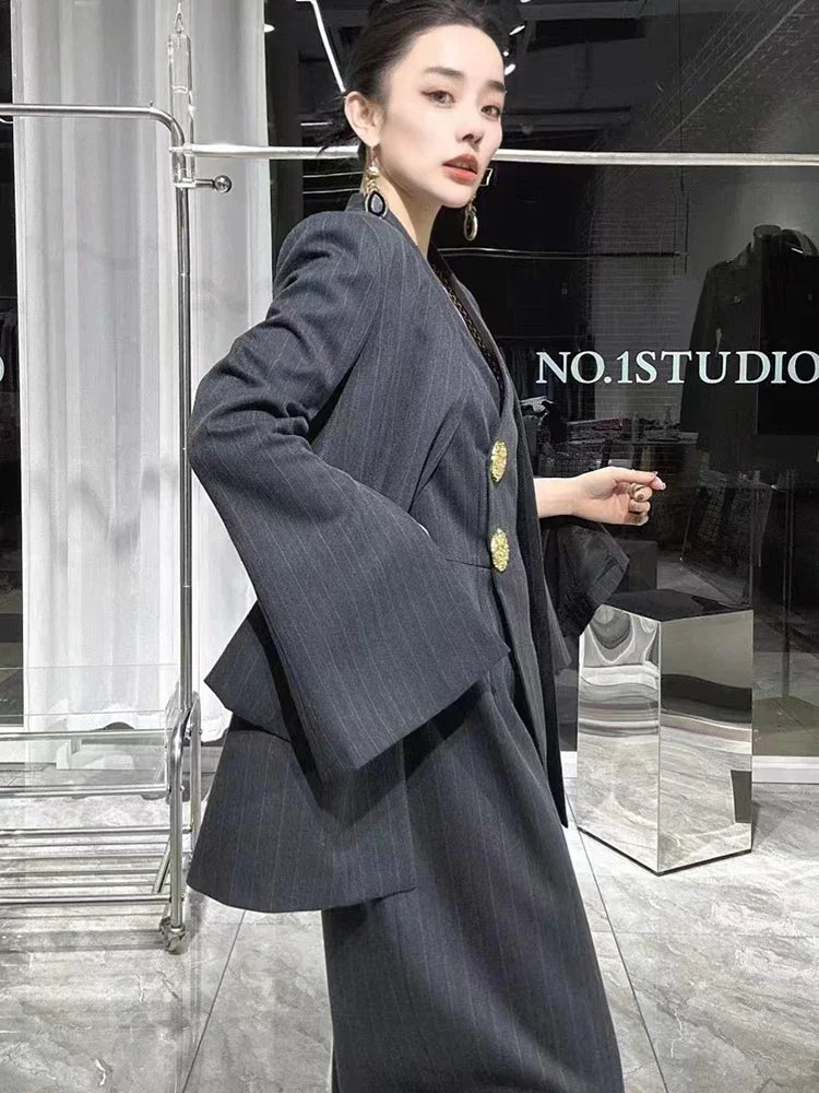 SuperAen 2023 Winter New Korean Dark Stripe V-Neck Split Dress Paired with A Fashionable Two Piece Suit Coat - GONZALES ONLINE SHOP