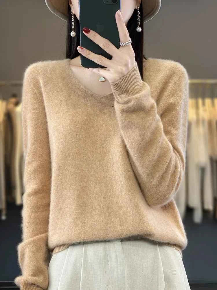 Fashion100% Merino Wool Sweater Cashmere Pullover Women Knitwear V-Neck Long Sleeve Autumn Winter Fashion Basic Clothing Tops