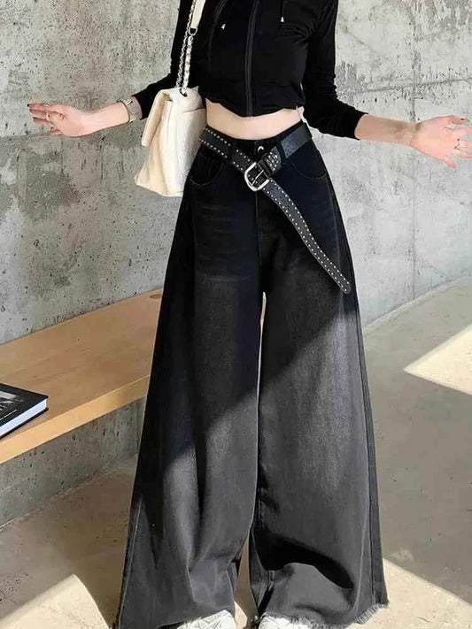 Elegant Chic American Vintage Black Wide Leg Jeans Women High Waist Loose Fit Slimming Draping Raw Hem Floor Length Denim