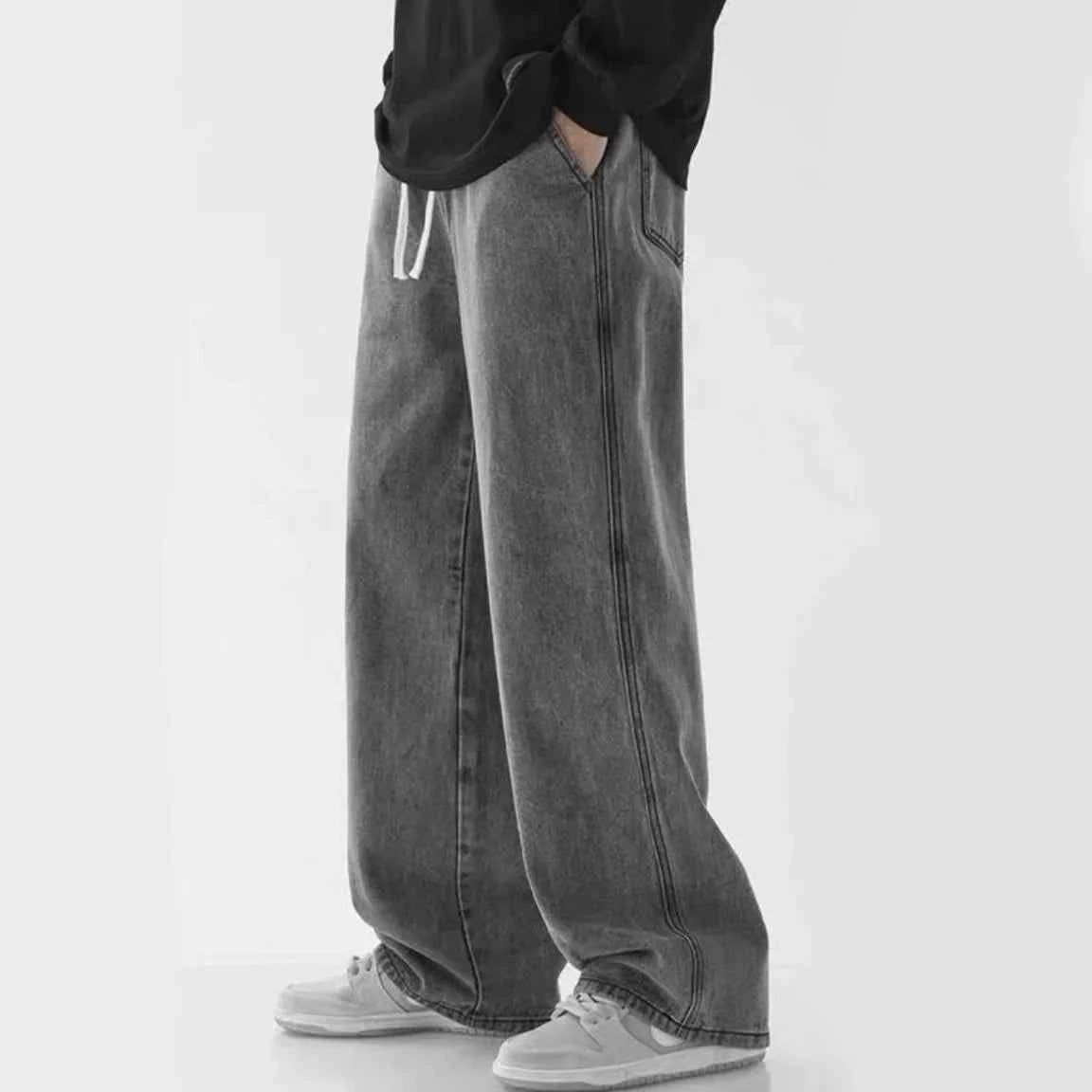2026 Spring Drawstring Elastic Waist Men's Jeans Straight Wide Leg Loose Trend Casual Pants Pants