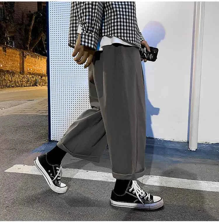 Wide Leg Pants Men Drape Straight Loose Harajuku Vintage Japan Style Ankle-length Trousers Cozy Versatile Black Pantalones Male