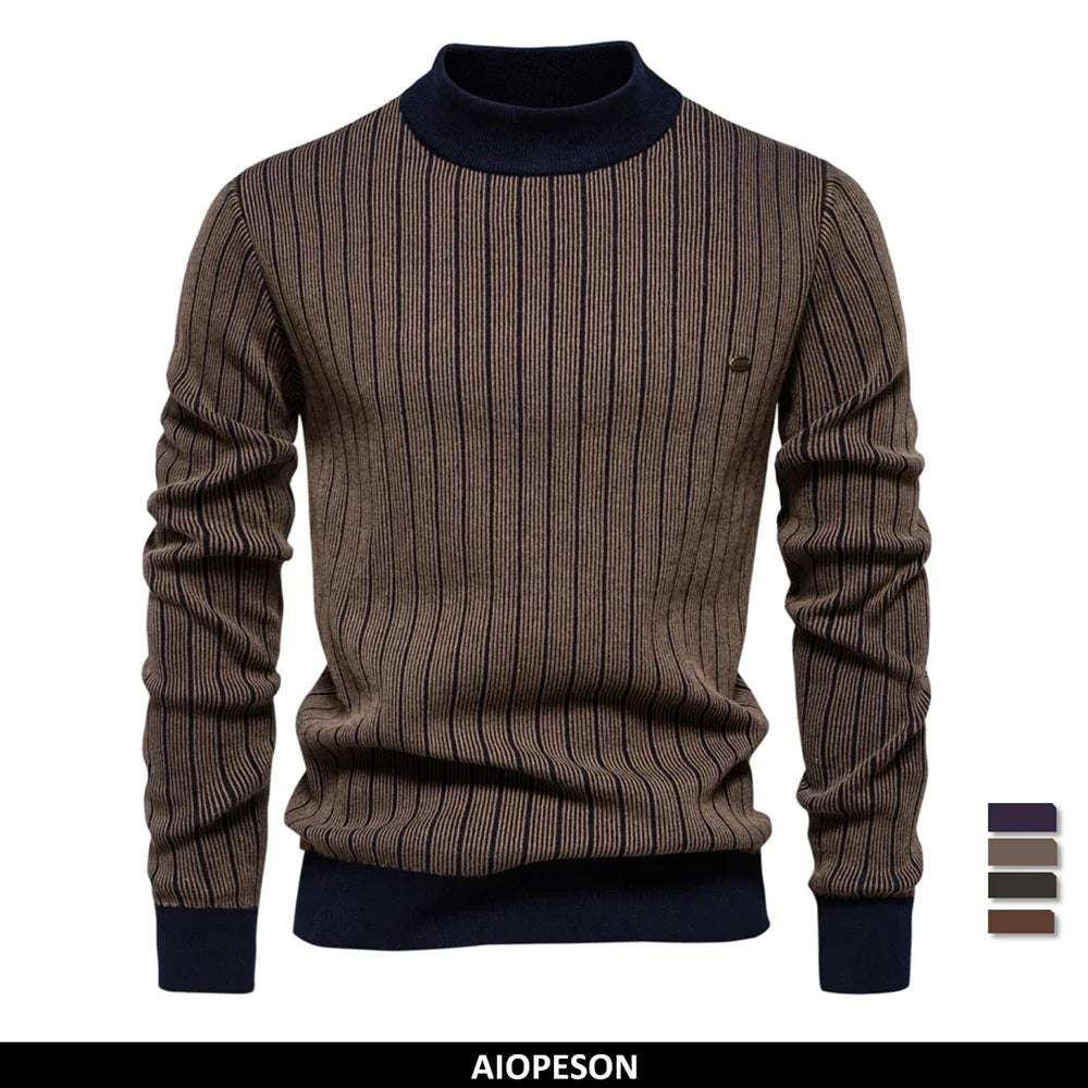 AIOPESON Mens Mock Neck Pullover Sweater - New Design Cotton Stripped Sweater for Autumn Winter Warmth - GONZALES ONLINE SHOP