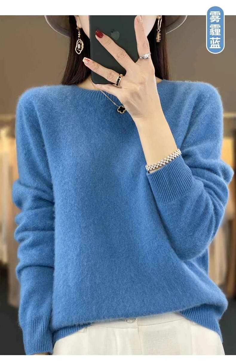 100% Merino Wool Sweater Women O-neck Cashmere Knitwear Female Pullover Autumn Winter Casual Tops Solid Color Soft Clothing