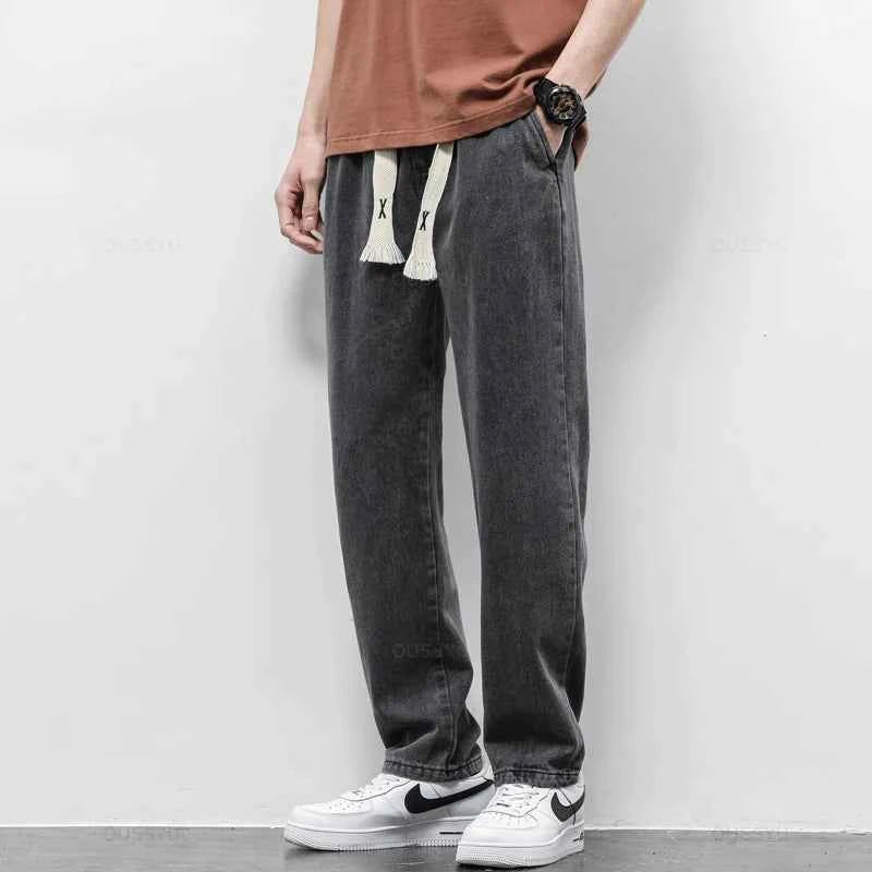 High Quality Fully Elastic Waist Men's Jeans Cotton Soft Drawstring Straight Pants Korea Casual Trousers Male Plus Size S-5XL