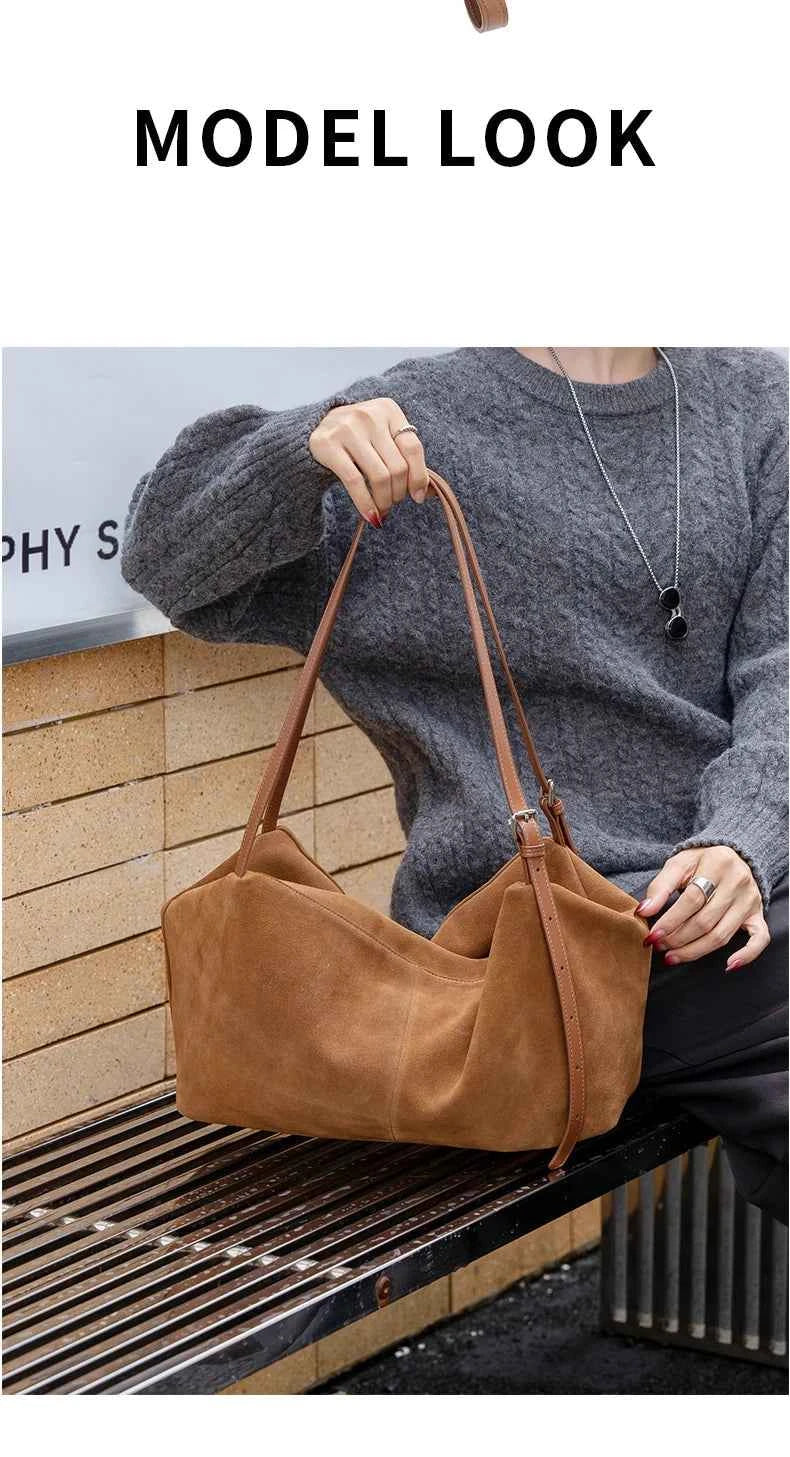 Women's Natural Nuede Genuine Leather Handbags Ladies large capacity Tote Bag Female Design Luxury Commuting Yoga Bag hobo bag