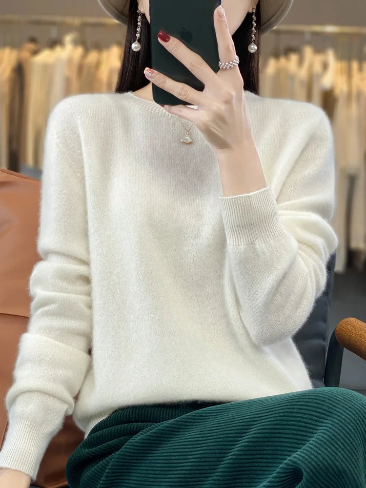 100% Merino Wool Sweater Women O-neck Cashmere Knitwear Female Pullover Autumn Winter Casual Tops Solid Color Soft Clothing GONZALES ONLINE SHOP