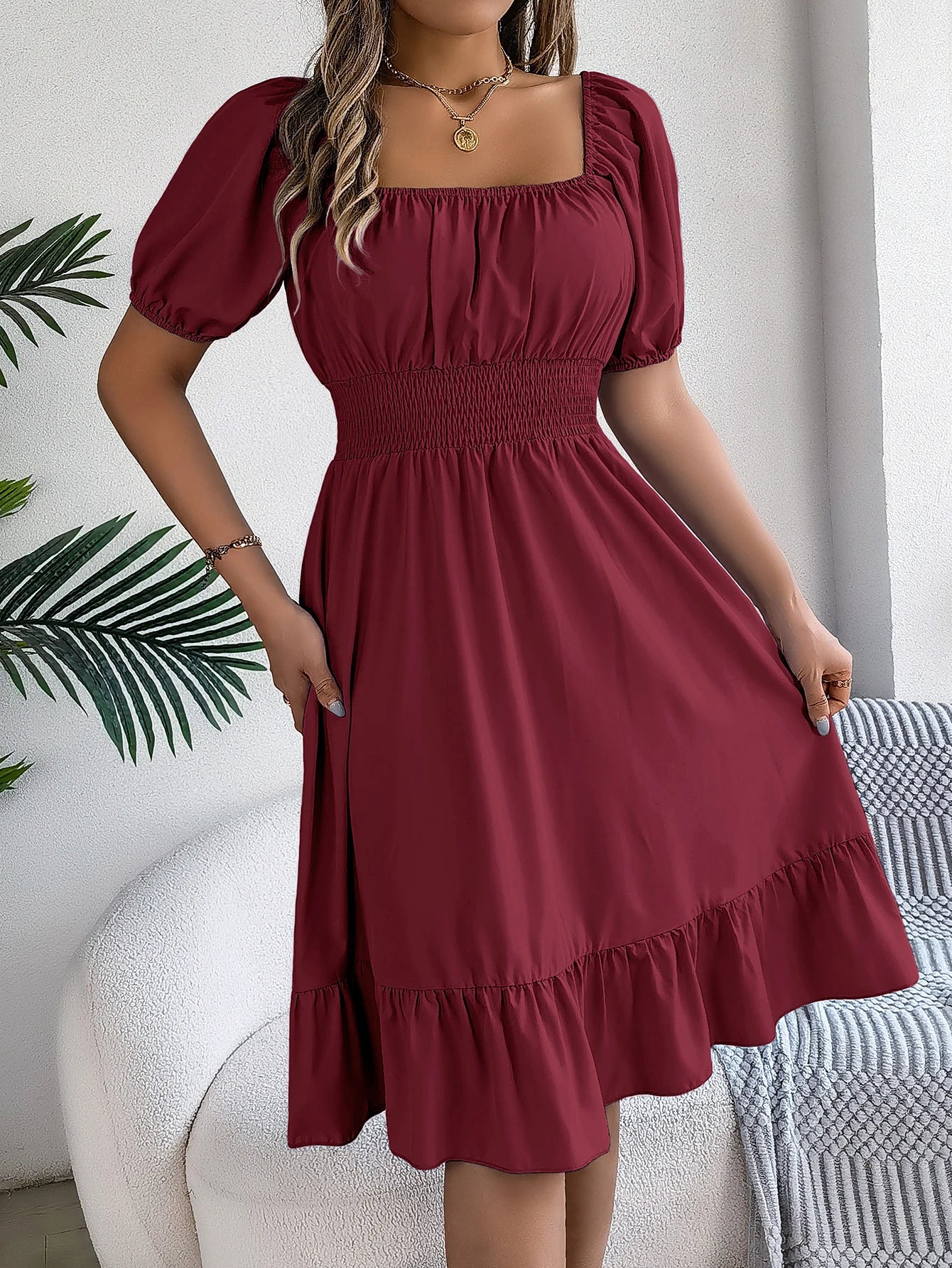 2024 New Fashion Solid Puff Sleeve Square Neck Ruched Bust Ruffle Hem Wasit Dress, Women's Clothing GONZALES ONLINE SHOP