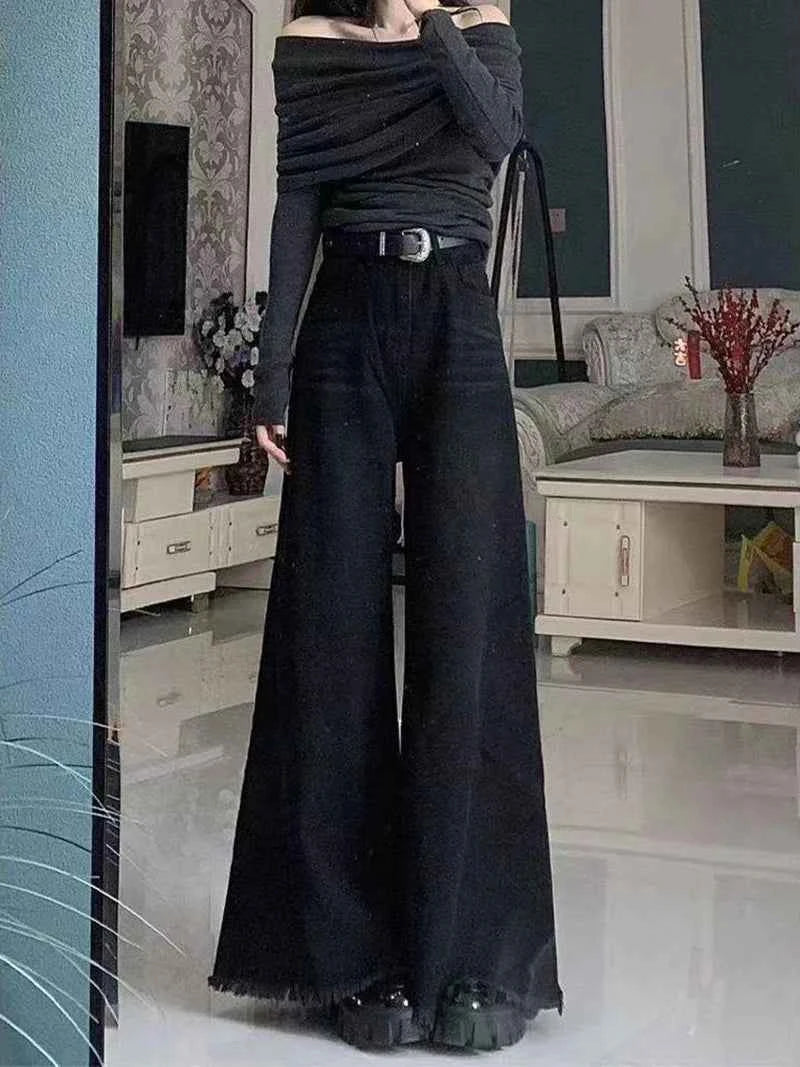 Black Wide Leg Jeans Women Autumn Vintage Raw Edge Tassels Bootcut Denim Pants Loose High Waist Streetwear Harajuku Trouser New