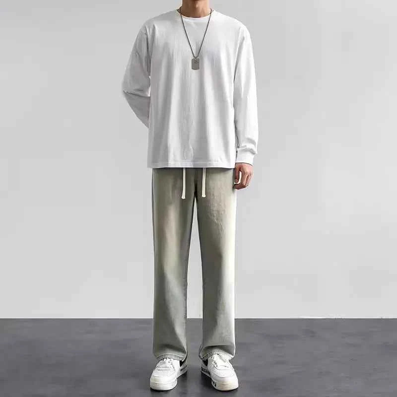 Light Wash Men's Drawstring Jeans Loose Straight Leg Floor-Length Trendy Casual Wide Leg Long Trousers Comfortable Fit