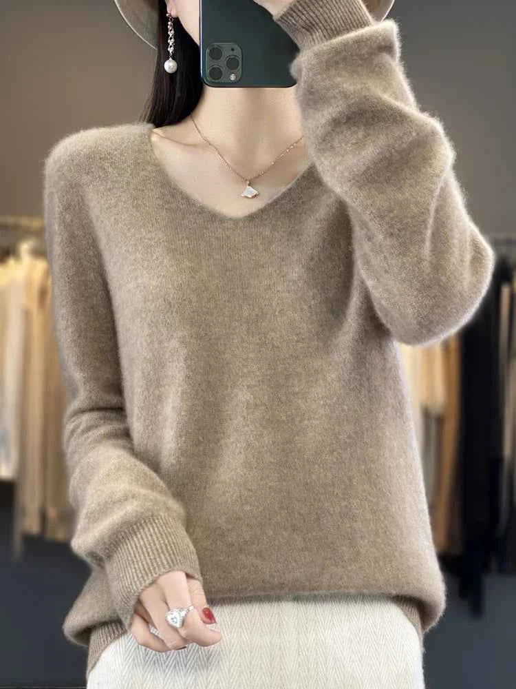 Fashion100% Merino Wool Sweater Cashmere Pullover Women Knitwear V-Neck Long Sleeve Autumn Winter Fashion Basic Clothing Tops