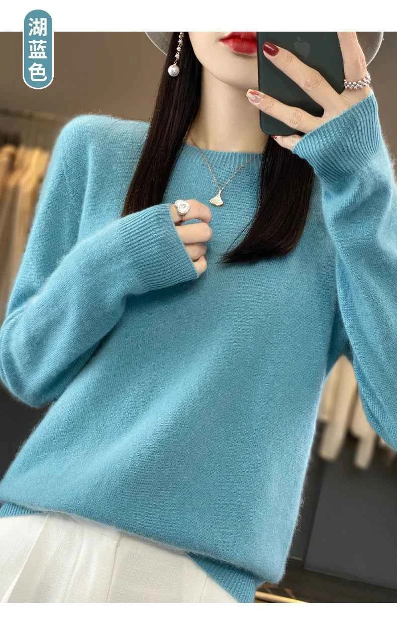 100% Merino Wool Sweater Women O-neck Cashmere Knitwear Female Pullover Autumn Winter Casual Tops Solid Color Soft Clothing