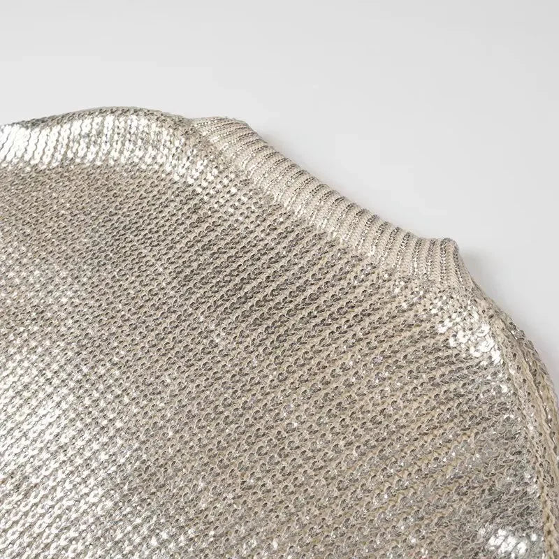 2024 Spring Women Retro Bronzing Silver Sweater Drop Shoulder Long Sleeve Rib Knitted Pullover Knitwear Jumper - GONZALES ONLINE SHOP