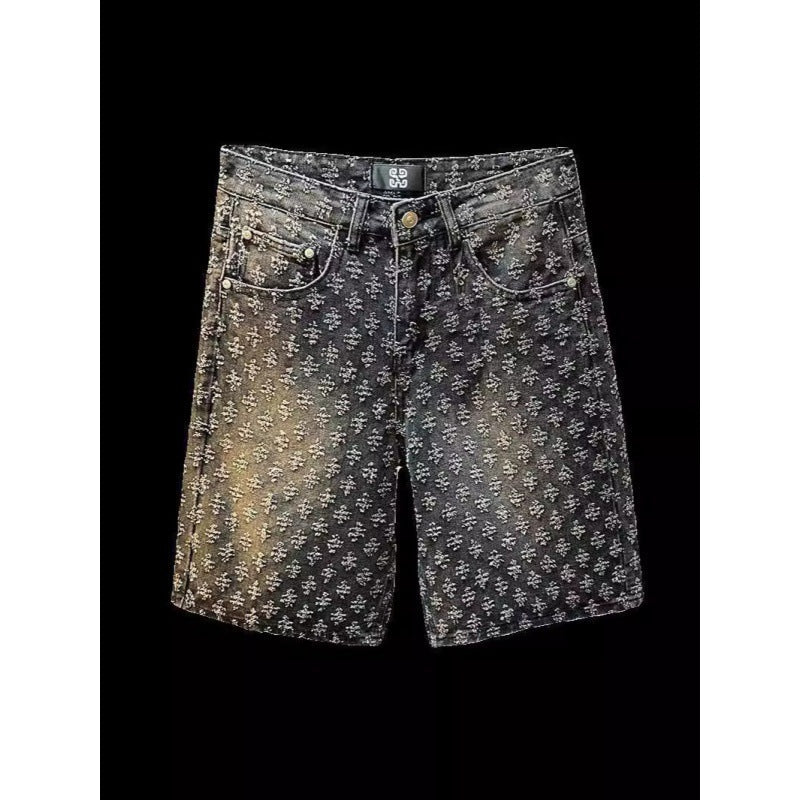 American denim shorts for men, loose, straight, perforated jacquard, high-end, 5-inch medium length pants Hypersku