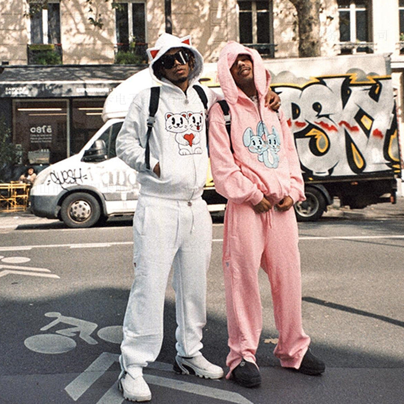 Autumn and winter monsoon cat print loose trendy cardigan with zipper hooded for men and women Hypersku