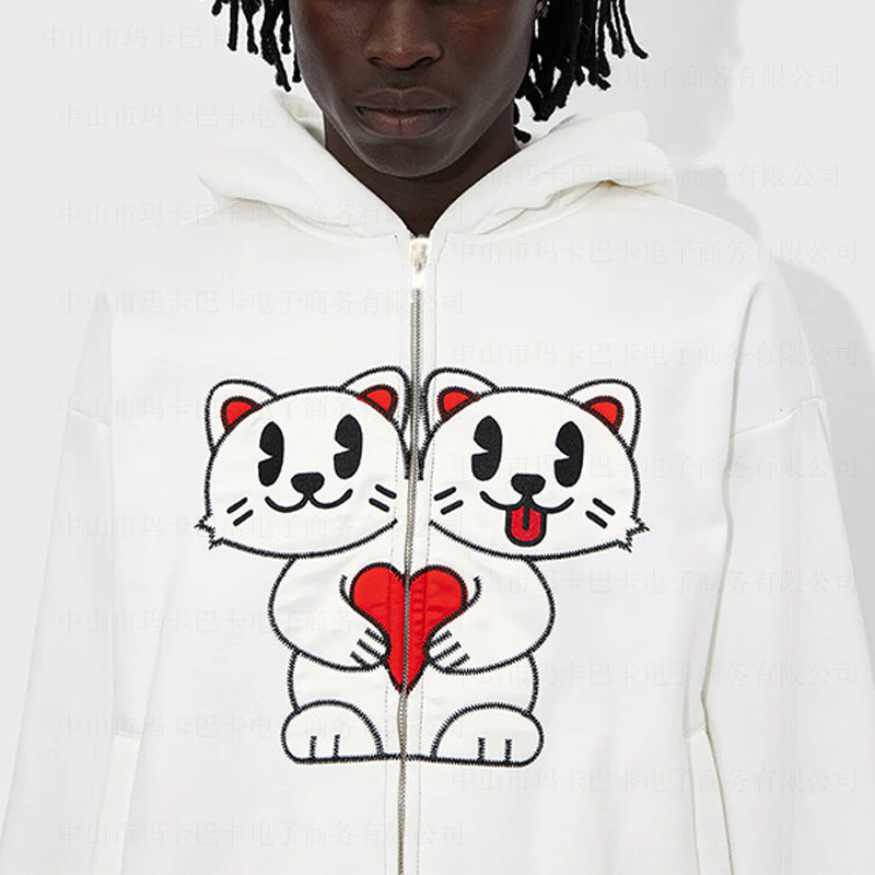 Autumn and winter monsoon cat print loose trendy cardigan with zipper hooded for men and women Hypersku