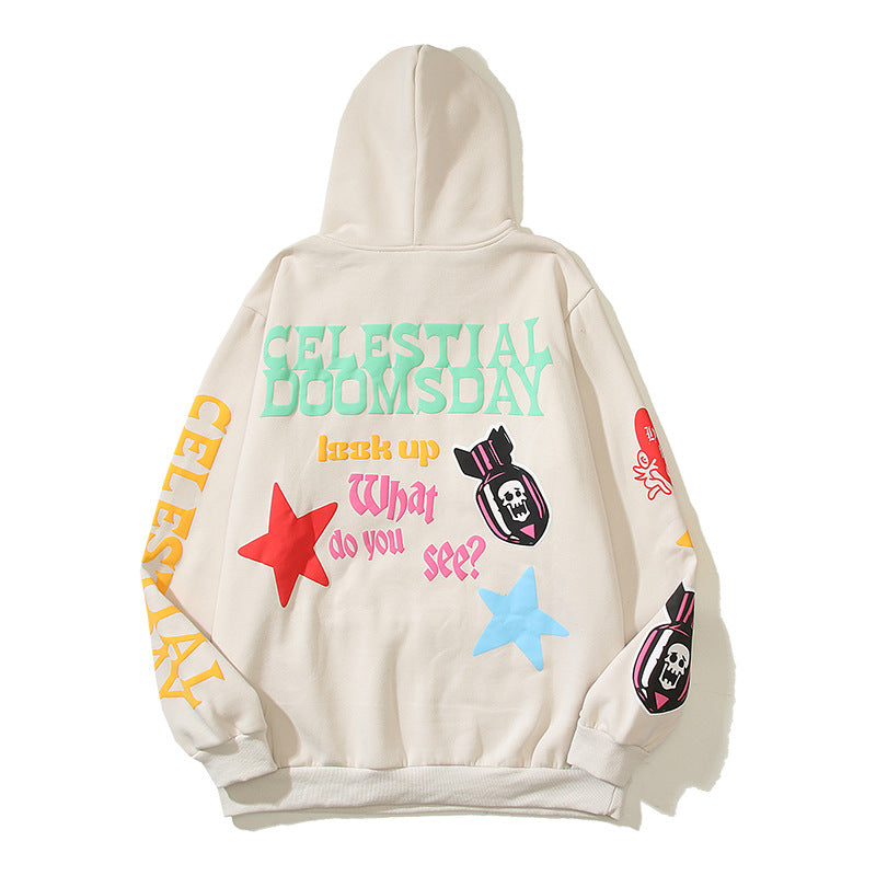 23SS American high street trendy graffiti star foam print loose casual hooded sweatshirt Hypersku
