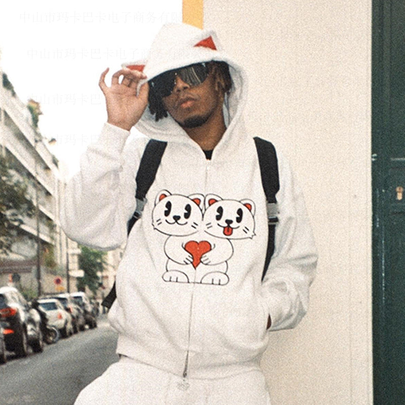 Autumn and winter monsoon cat print loose trendy cardigan with zipper hooded for men and women Hypersku