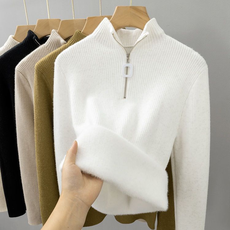 Semi-high-neck, fleece and thickened sweater for women, a one-piece fleece winter innerwear with warm zipper knitted base layer Hypersku