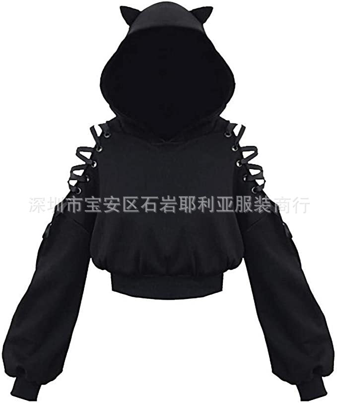 New cute cat y navel exposed hoodie with a hooded and hollowed-out shoulder top Hypersku