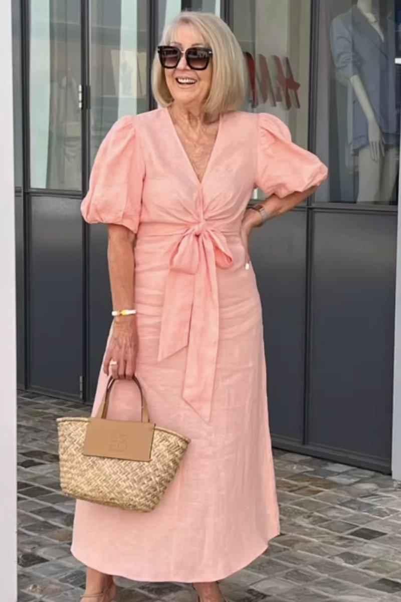 Women's V-neck Lace-up Cotton Dress with Puff Sleeves - GONZALES ONLINE SHOP