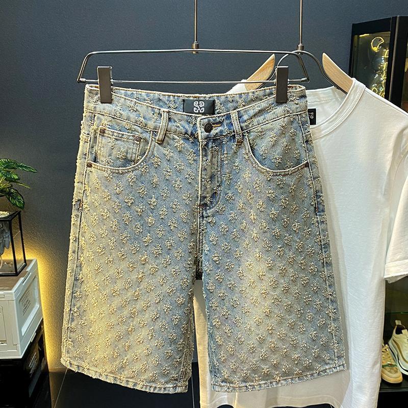 American denim shorts for men, loose, straight, perforated jacquard, high-end, 5-inch medium length pants Hypersku