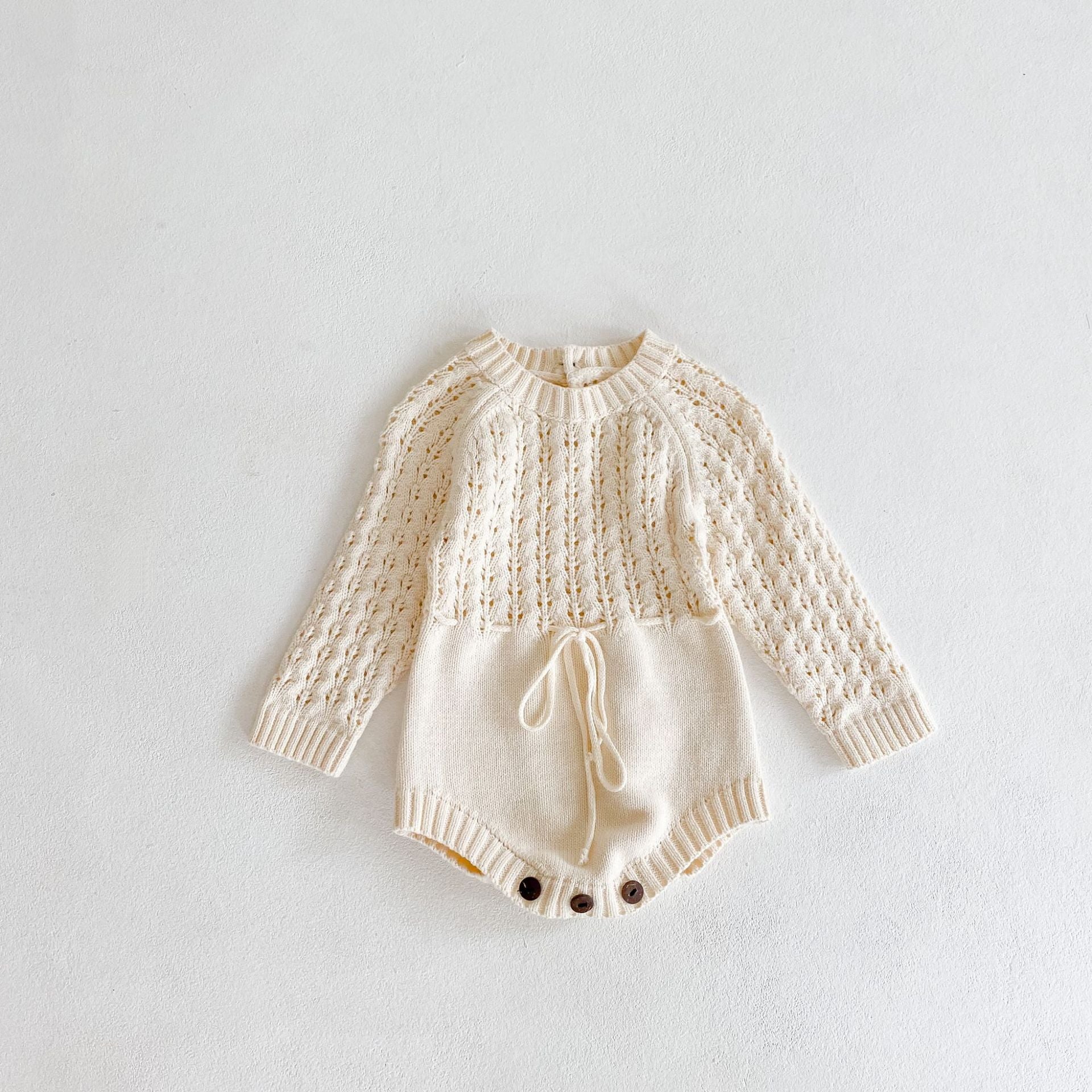 Baby Girl 1pcs Hollow Carved Hand Knitted Fabric Belted Waist Long Sleeve Crotch Onesies MyKids-USA