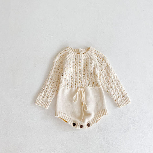 Baby Girl 1pcs Hollow Carved Hand Knitted Fabric Belted Waist Long Sleeve Crotch Onesies MyKids-USA