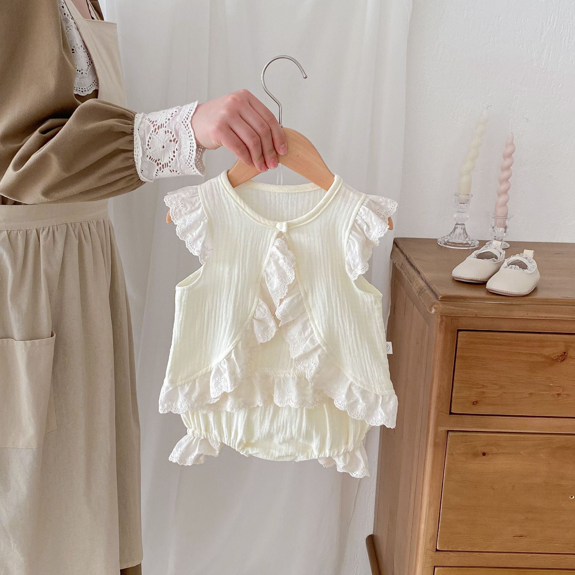 Summer Hot Selling Baby Girls Fly Sleeves Hollow Out Lace Trim Open-Front Top Vest And Bloomers Clothing Set MyKids-USA