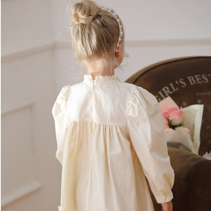 Arrival Autumn Girls Ruffle Neck Long Sleeves Flowers Embroidery Dress MyKids-USA