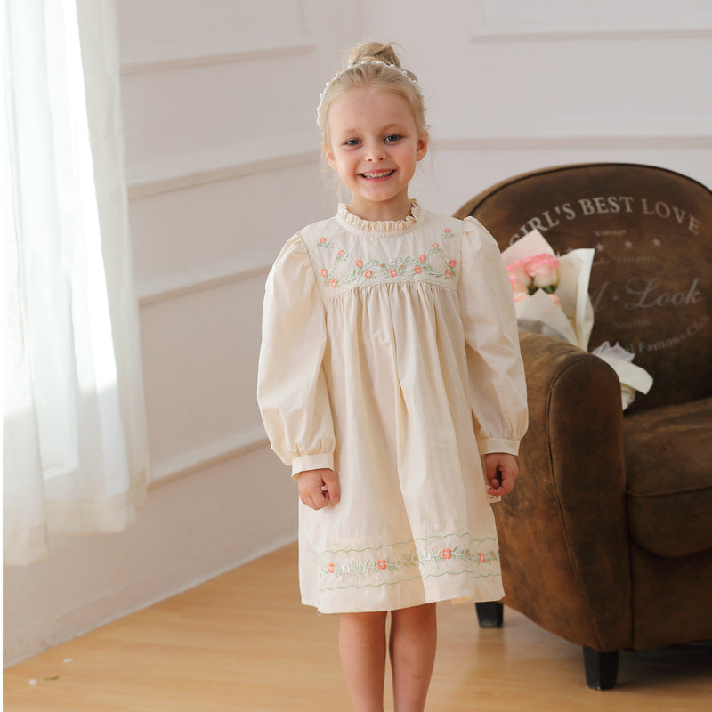 Arrival Autumn Girls Ruffle Neck Long Sleeves Flowers Embroidery Dress MyKids-USA