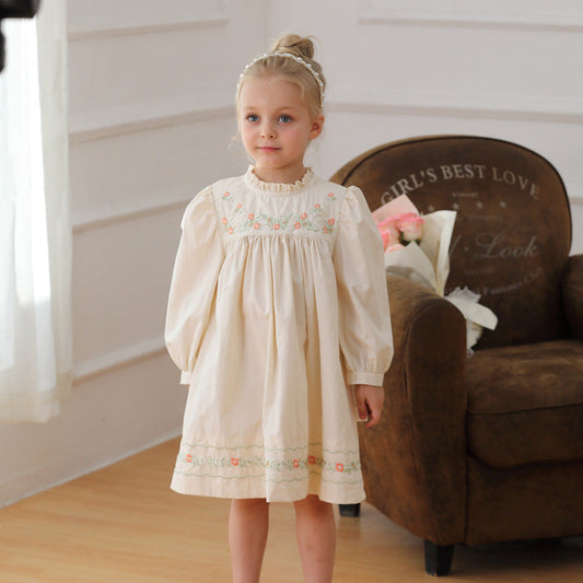 Arrival Autumn Girls Ruffle Neck Long Sleeves Flowers Embroidery Dress MyKids-USA