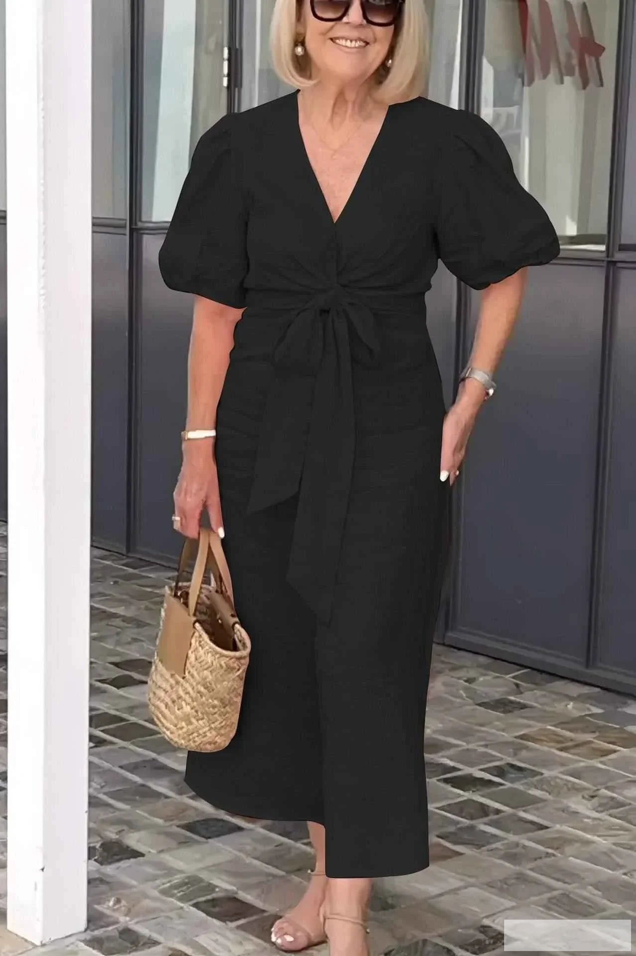 Women's V-neck Lace-up Cotton Dress with Puff Sleeves GONZALES ONLINE SHOP