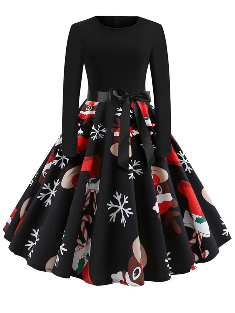 Winter Christmas Dresses Women 50S 60S Vintage Robe Swing Pinup Elegant Party Dress Long Sleeve Casual Print Black