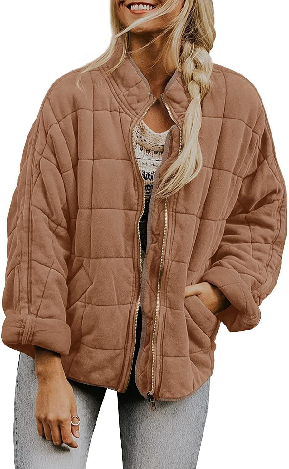 Solid-color stand-up collar cotton-padded jacket for women, loose long-sleeved pocket jacket Hypersku