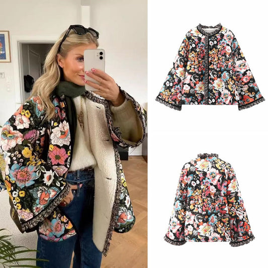 Autumn and winter printed faux cashmere cotton clothes are comfortable and casual, with flared sleeves and loose women's cotton clothes Hypersku