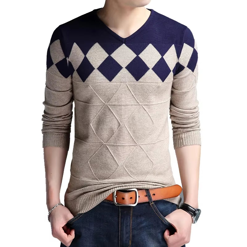 Autumn Vintage Sweater Men Collarless Sweater Christmas Sweaters Fashion V-Neck Casual Slim Sweaters Men for Business