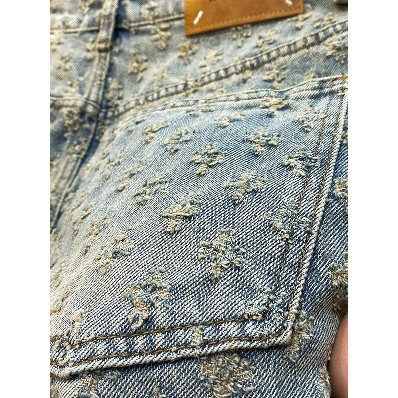 American denim shorts for men, loose, straight, perforated jacquard, high-end, 5-inch medium length pants Hypersku