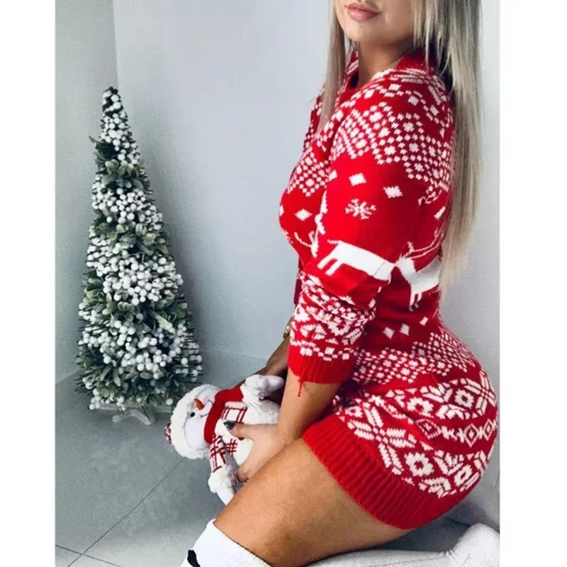 2024 Winter Christmas Costumes Women'S Knitted Dress Jacquard Print Pullover Tops Full Sleeve Warm Soft Sweater Dresses Vestidos