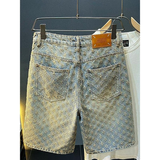 American denim shorts for men, loose, straight, perforated jacquard, high-end, 5-inch medium length pants Hypersku