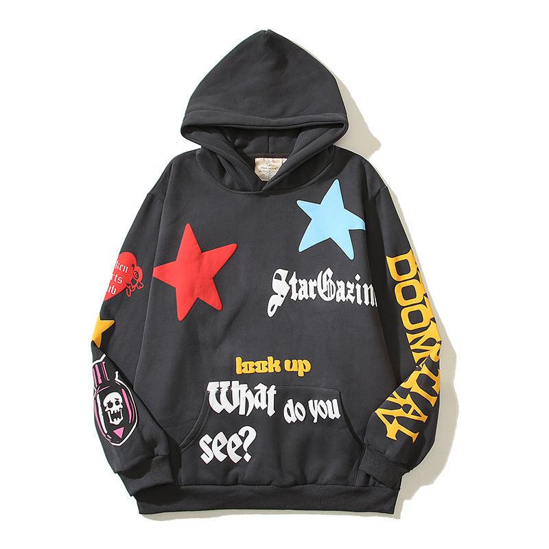 23SS American high street trendy graffiti star foam print loose casual hooded sweatshirt Hypersku