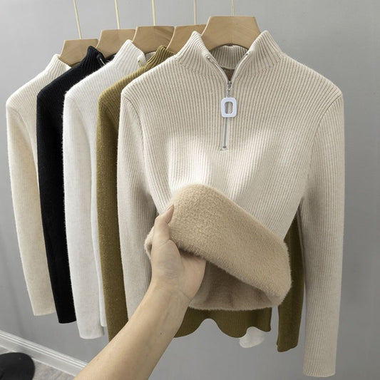 Semi-high-neck, fleece and thickened sweater for women, a one-piece fleece winter innerwear with warm zipper knitted base layer Hypersku