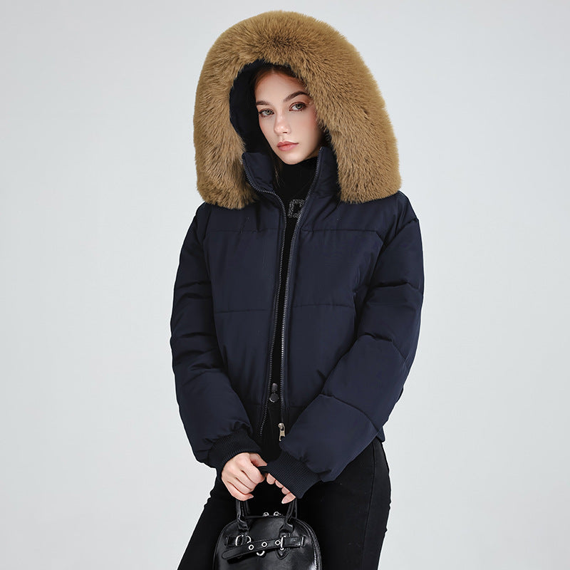 A short, thick and warm bread jacket with a hooded fur collar for women in winter Hypersku