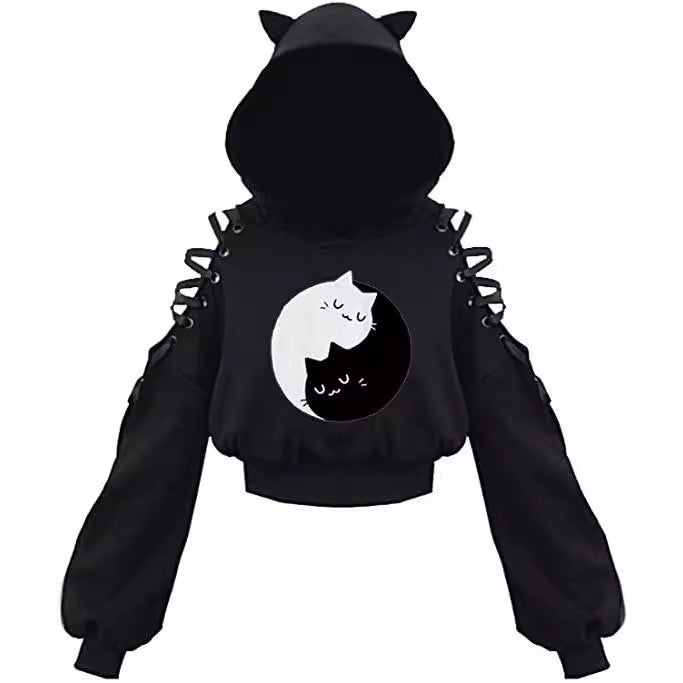 New cute cat y navel exposed hoodie with a hooded and hollowed-out shoulder top Hypersku