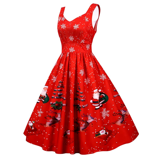 Women Christmas Dress Sexy Spaghetti Strap Vintage Midi Party Vestidos Robe Santa Snowflake Print Xmas Clothes