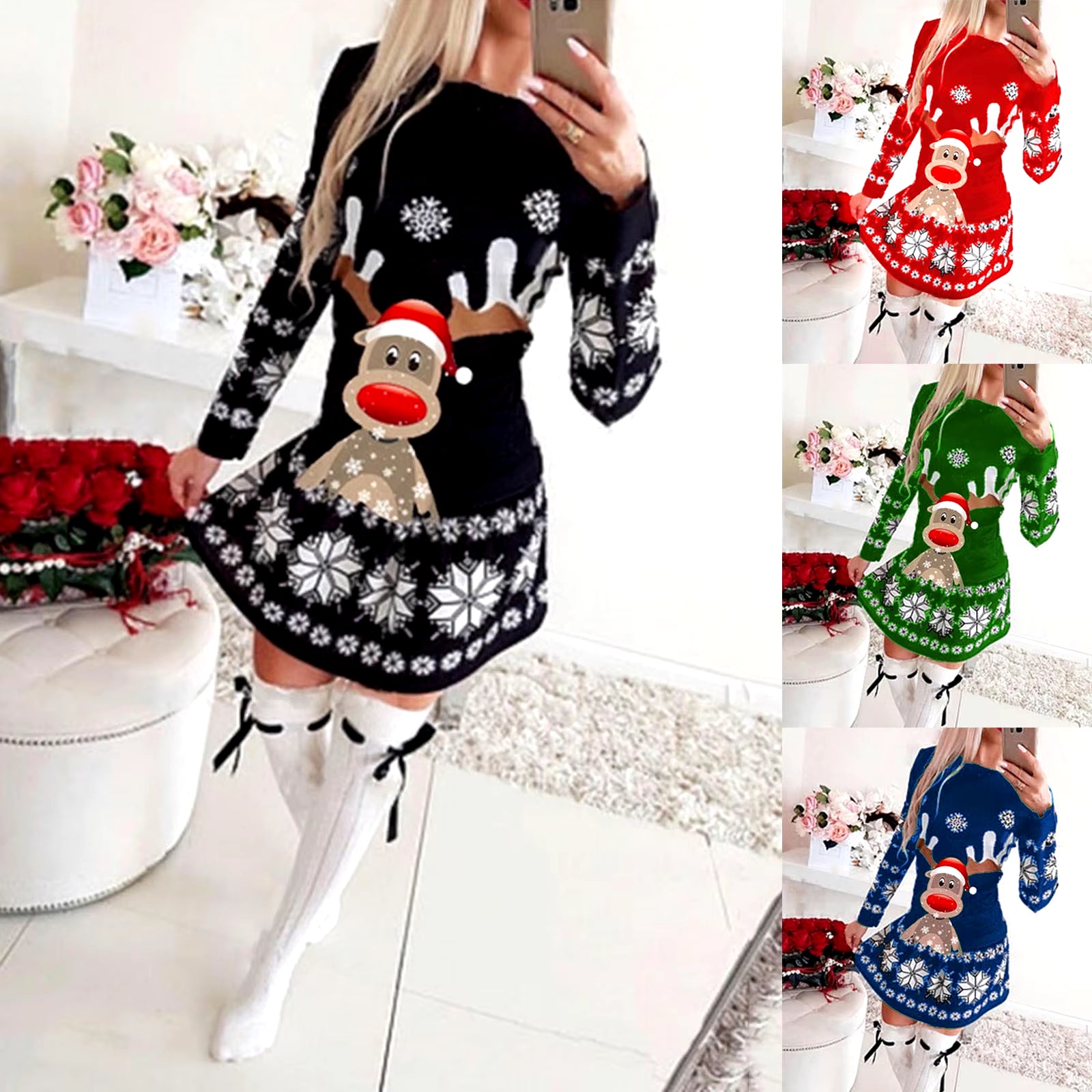 Women'S Christmas Dresses 2024 New Sweatshirt for Women Casual round Neck Fashion Elk Printed Female Long Sleeve Pullover Dress