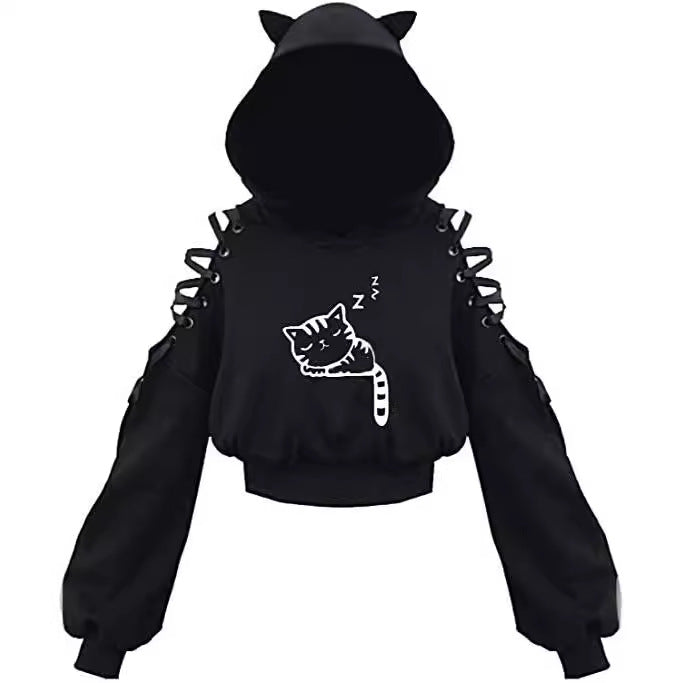 New cute cat y navel exposed hoodie with a hooded and hollowed-out shoulder top Hypersku