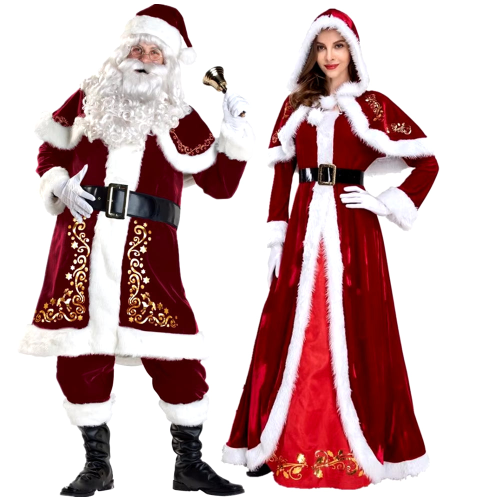 Plus Size Deluxe Velvet Adults Christmas Costume Cosplay Couple Santa Claus Clothes Fancy Dress Xmas Uniform Suit for Men Women