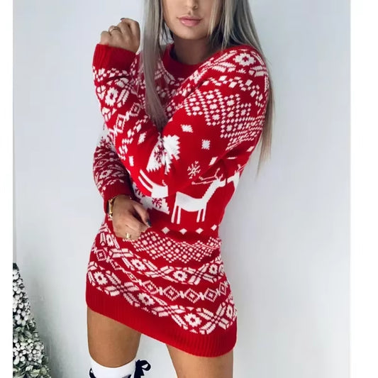 2024 Winter Christmas Costumes Women'S Knitted Dress Jacquard Print Pullover Tops Full Sleeve Warm Soft Sweater Dresses Vestidos